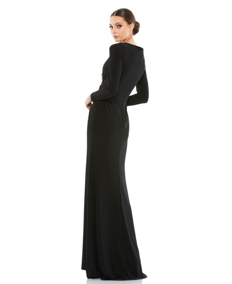 Women's Faux Wrap Long Sleeve Evening Gown with Appliqu&eacute; Detail
