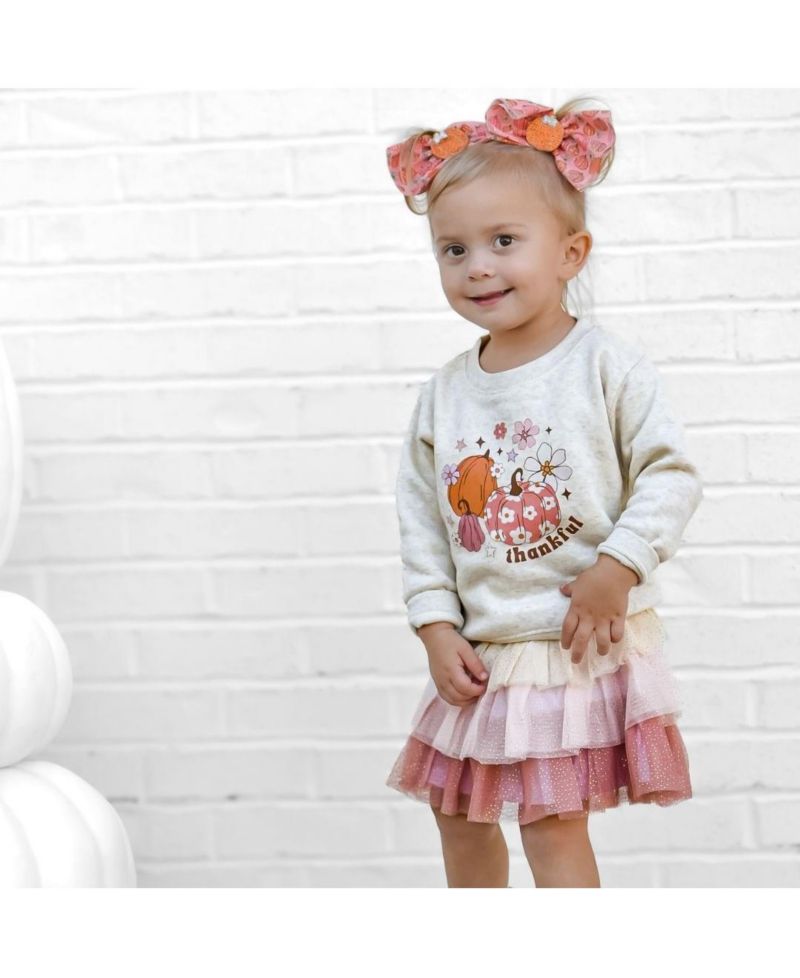 Little and Big Girls Thankful Pumpkin Daisy Thanksgiving Sweatshirt