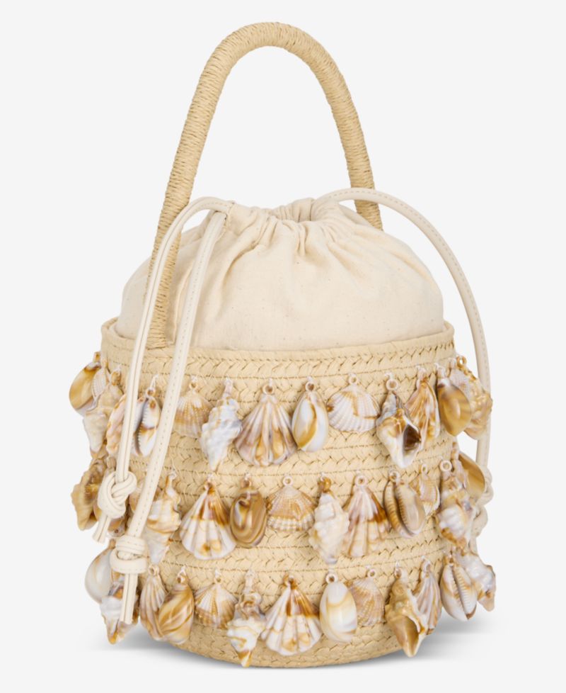 Shell Embellished Straw Bucket Bag