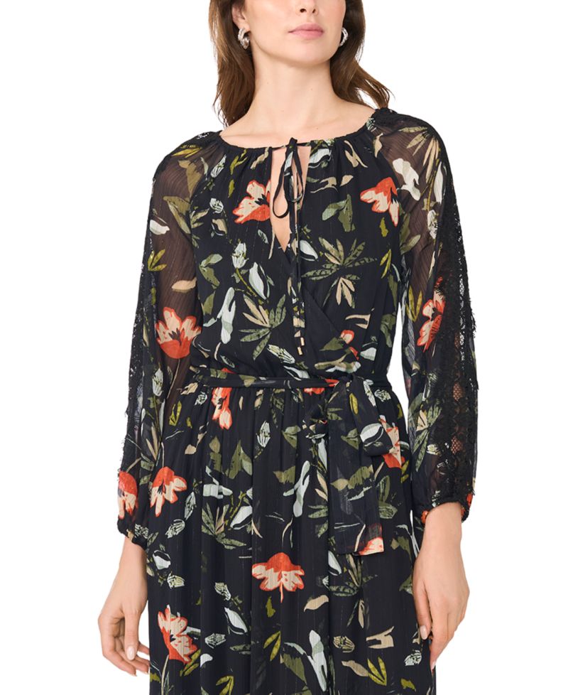 Women's Floral-Print Tiered Long-Sleeve Maxi Dress