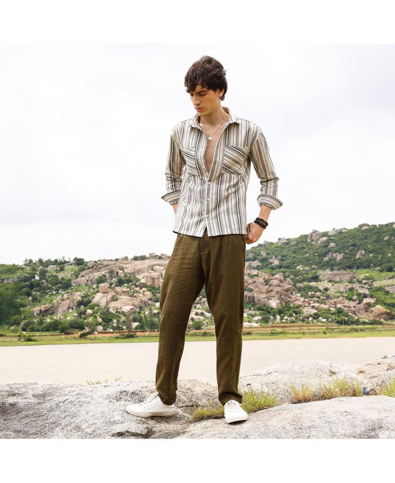 Men's Bone Beige & Cloud Grey Multitrack Striped Oversized Shirt