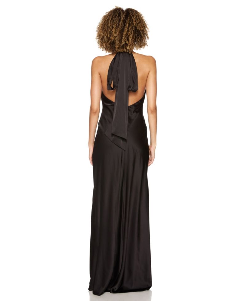 Juniors' Halter-Neck Satin Back-Neck Tie Gown