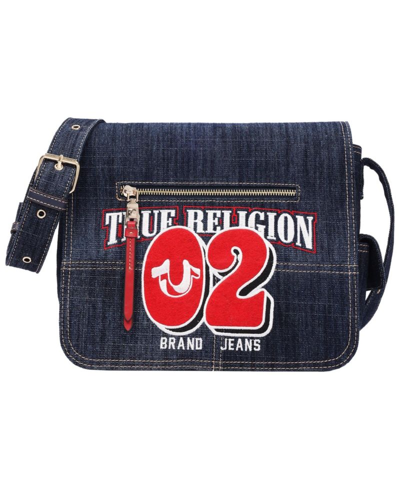 Women's Varsity Logo Zip Pocket Denim Messenger Bag – Dark Denim Crossbody Bag