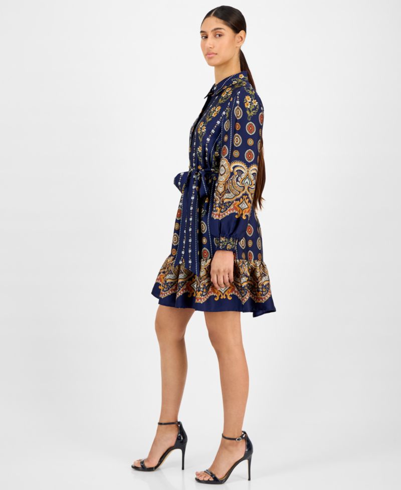 Women's Printed Satin Ruffle-Hem Shirt Dress