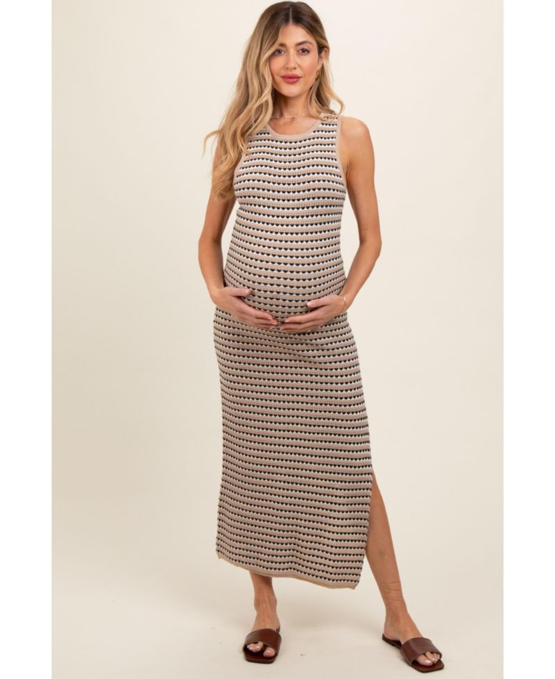 Women's Beige Striped Knit Fitted Sleeveless Maxi Dress