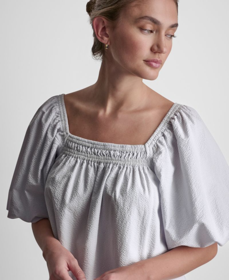 Women's Half Puff-Sleeve Seersucker Mini Dress with Square Neckline