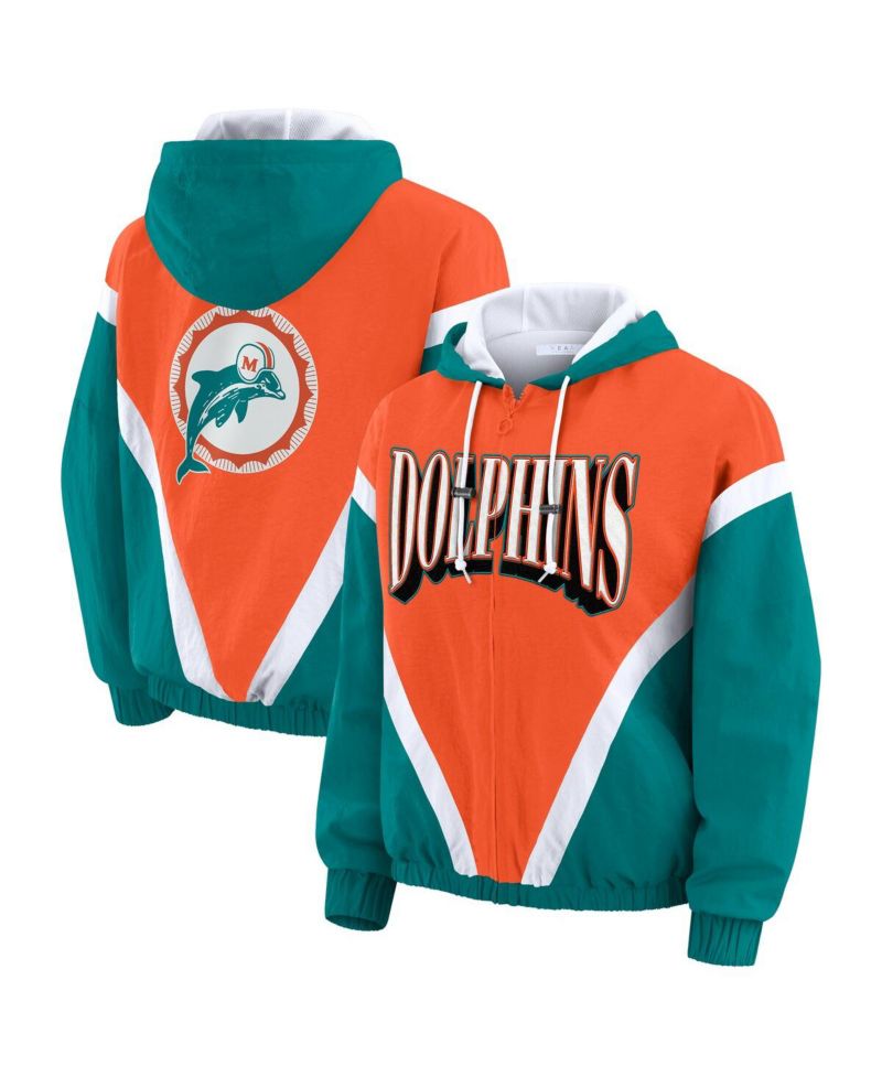 Women's Orange/Aqua Miami Dolphins Retro Crinkle Full-Zip Hoodie Windbreaker Jacket