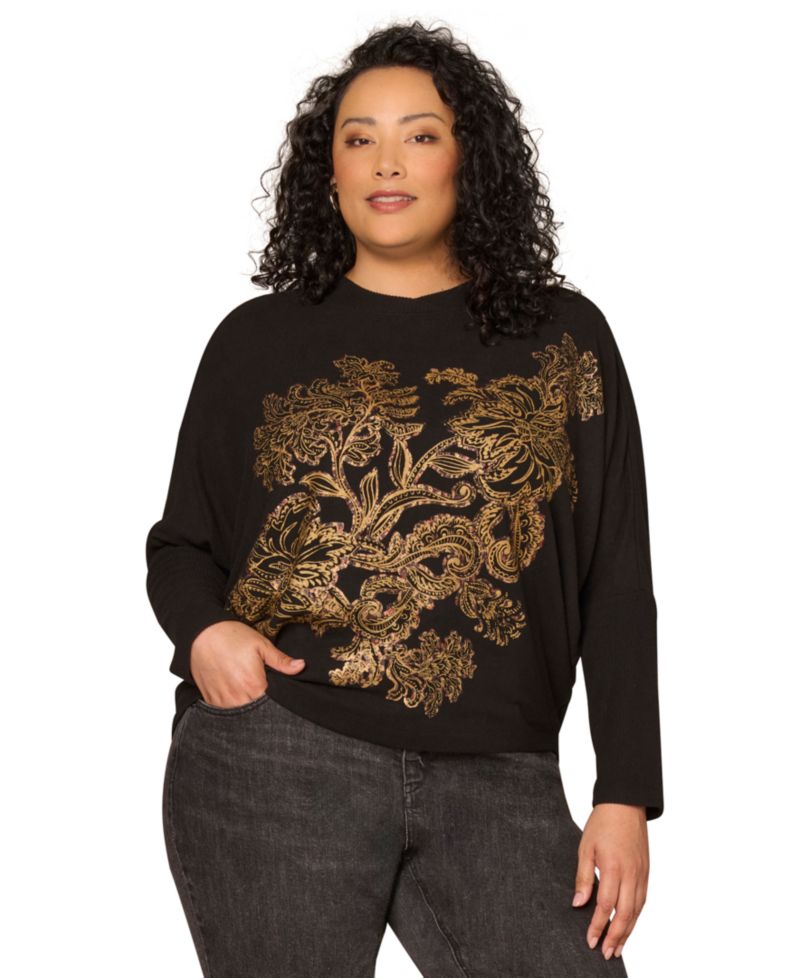 Plus Size Foil Detail Batwing Long-Sleeve Top