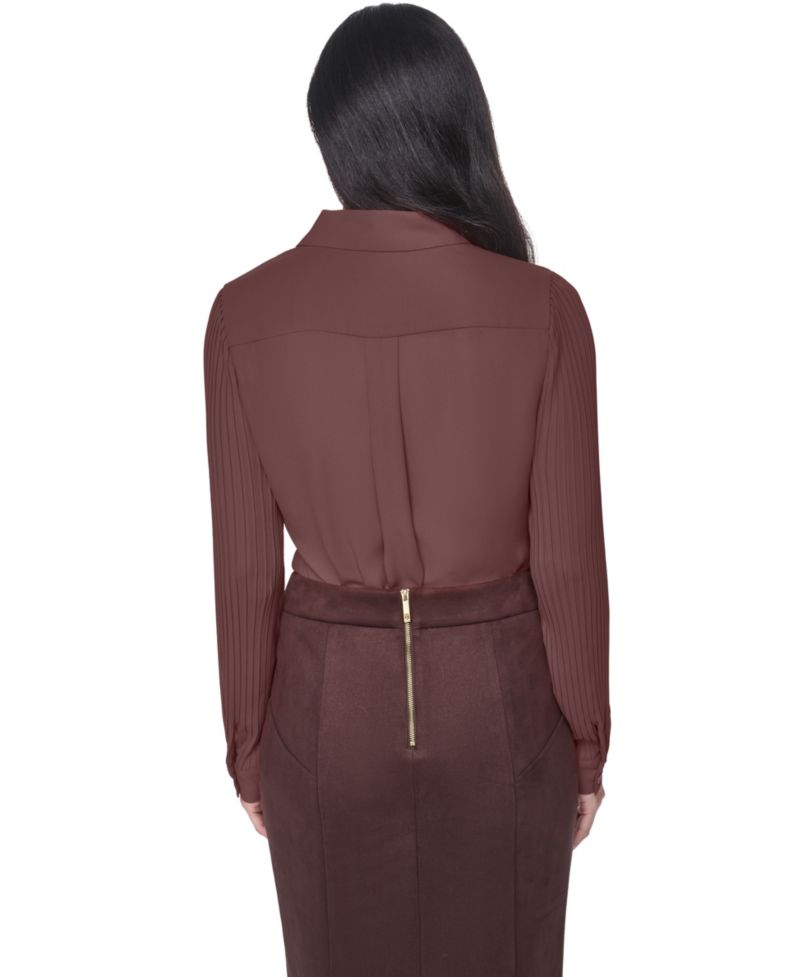 Women's Long-Sleeve Button-Front Pleated-Sleeve Blouse