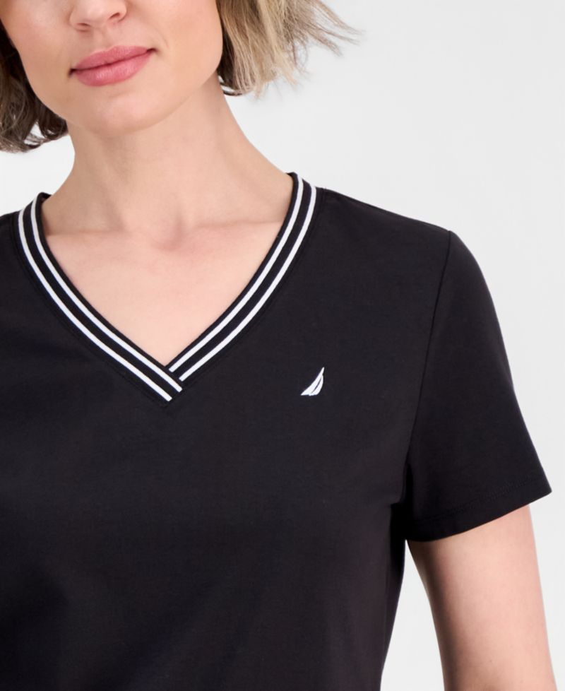 Women's Solid Stripe-Trim V-Neck Top