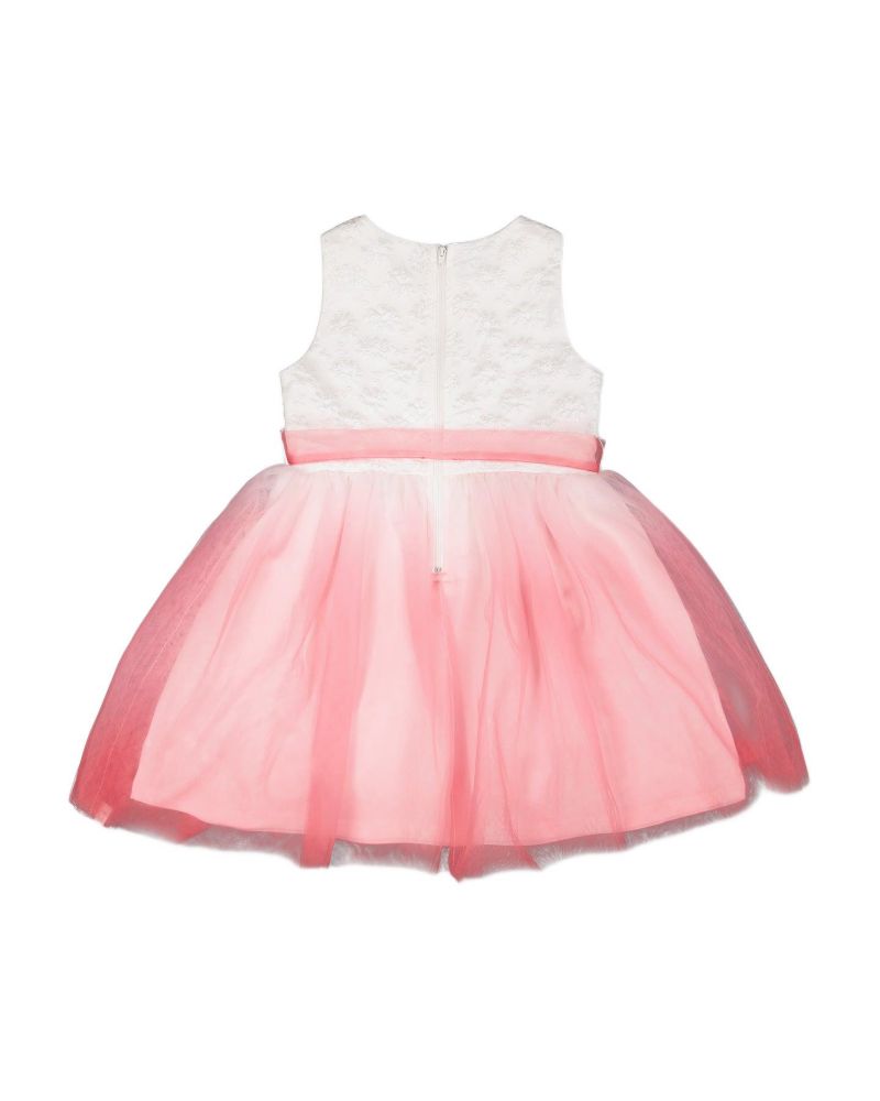 Big Girls Bi-Material Pleated Mesh Dress White and Pink
