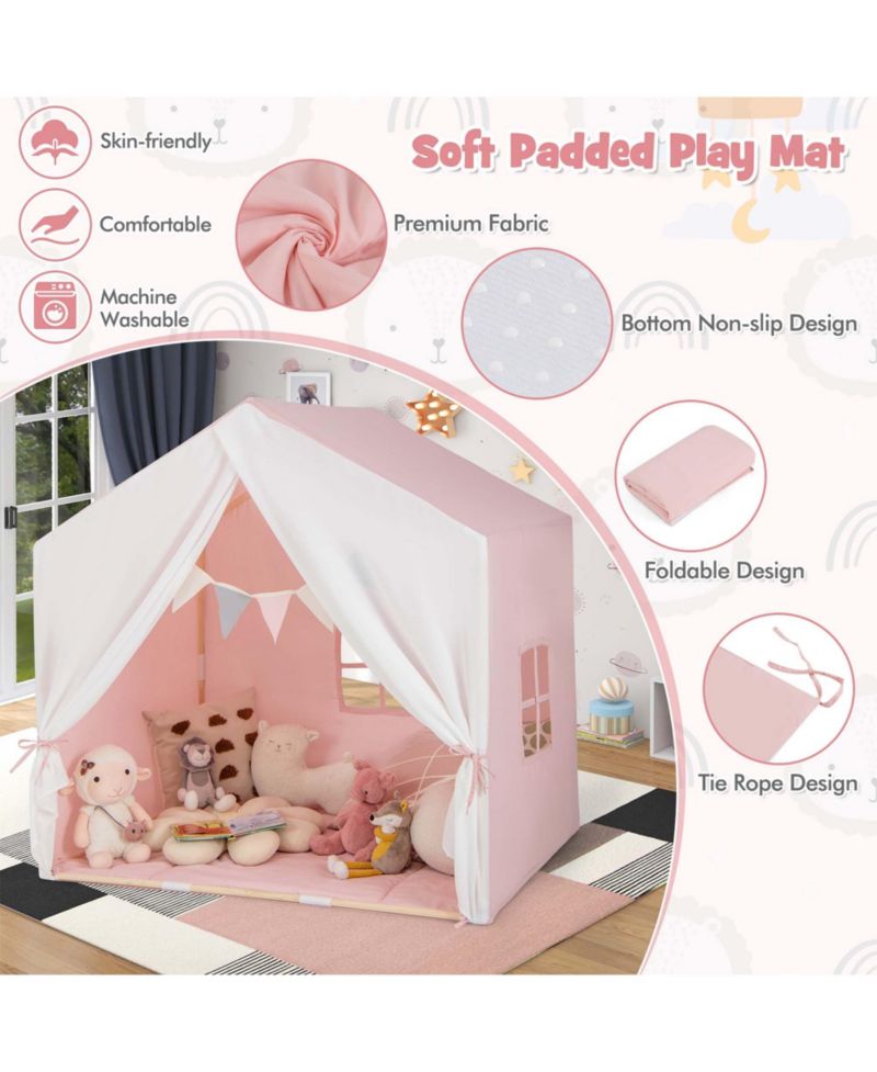 Kids' Castle Play Tent with Solid-Wood Frame and Washable Mat