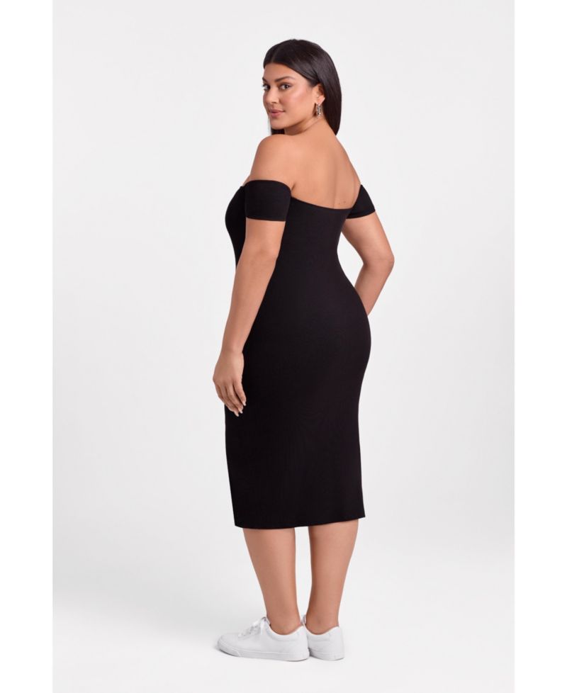 Women's Off the Shoulder Straight Neck Ribbed Sculpting Midi Dress