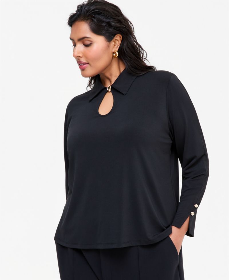 Plus Size Long-Sleeve Collared Keyhole Hardware Blouse