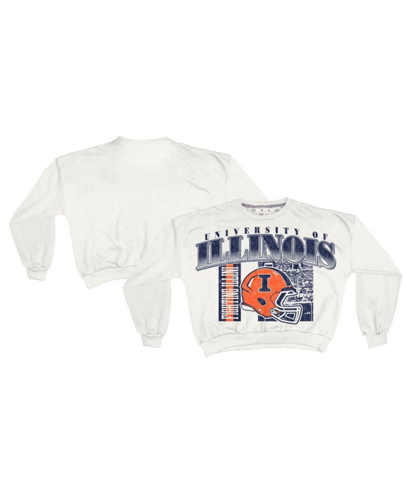 Women's White Illinois Fighting Illini Oversized Janice Retro Waist-Length Sweatshirt