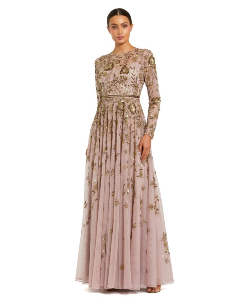 Women's Long Sleeve Mesh Floral Embellished Gown