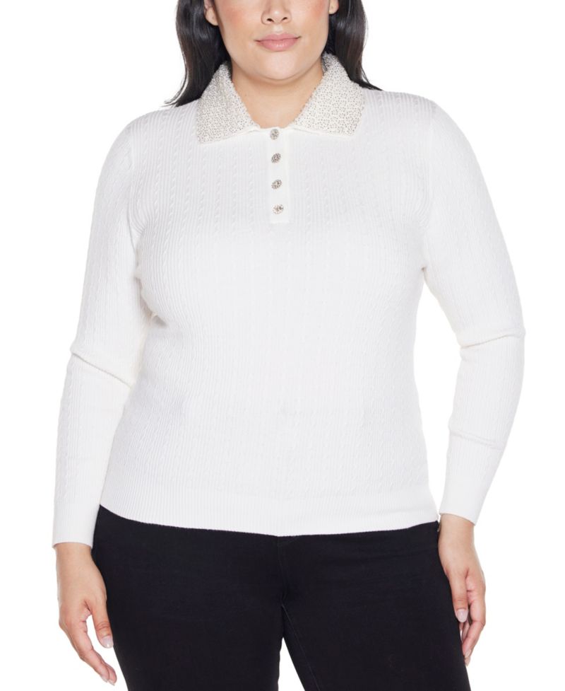 Plus Size Black Label Beaded Collar Sweater
