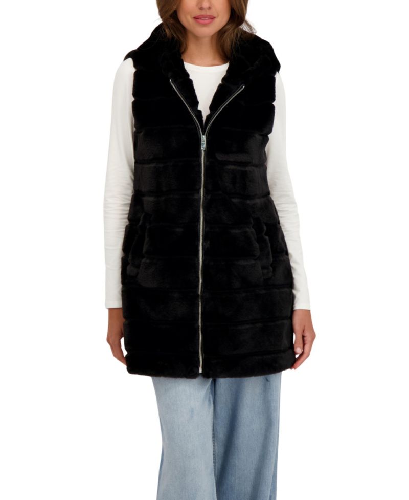 Women's Hooded Grooved 3/4 Faux Fur Vest