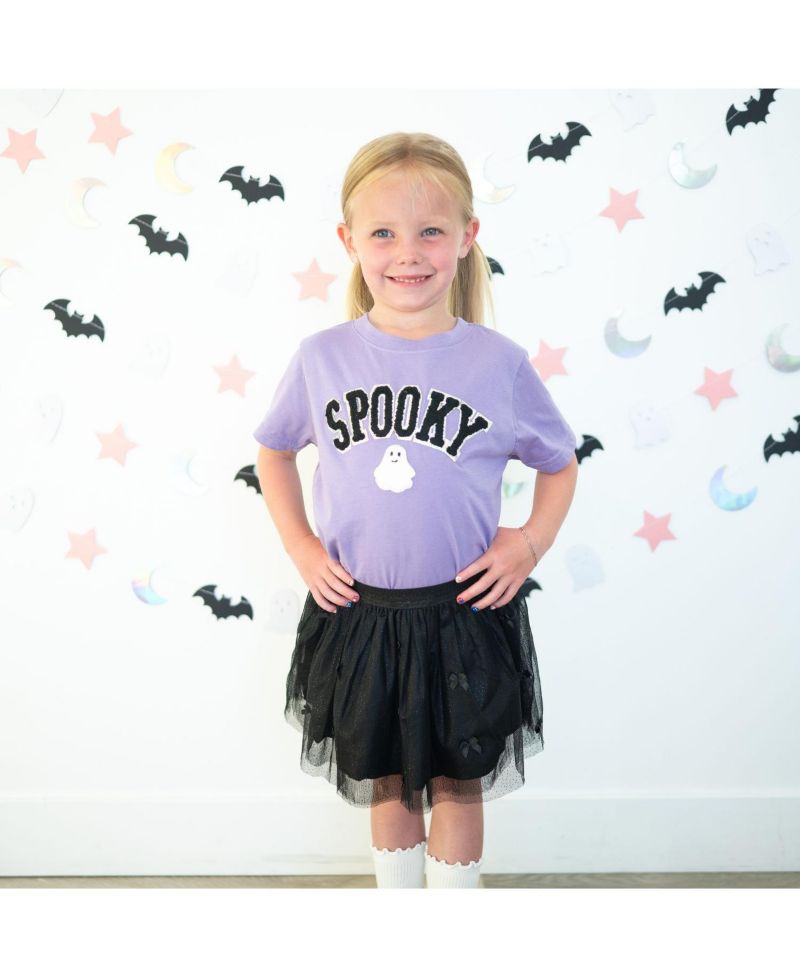 Little Girls Spooky Ghost Patch Halloween Short Sleeve T-Shirt
