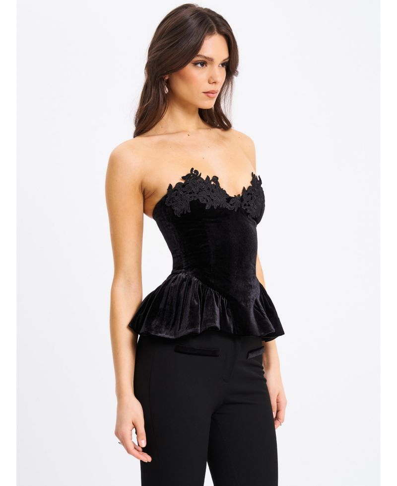 Women's Qiara Black Velvet Peplum Top with Lace Trim