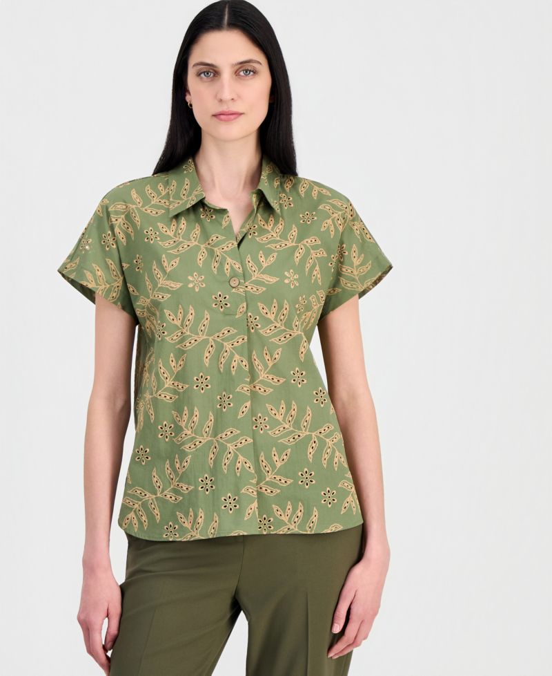 Petite Collar Neck Short-Sleeve Cotton Top