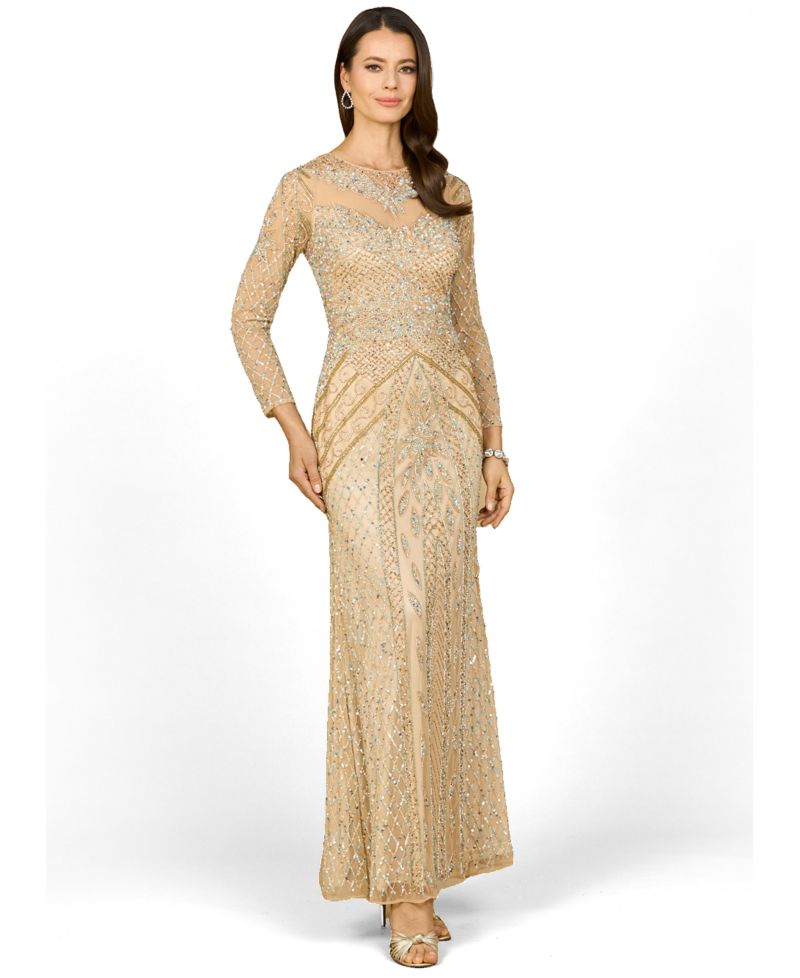 Women's Illusion Neck Long Sleeve Beaded Gown