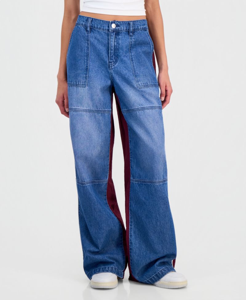 Juniors' Mixed Materials Wide Leg Jeans
