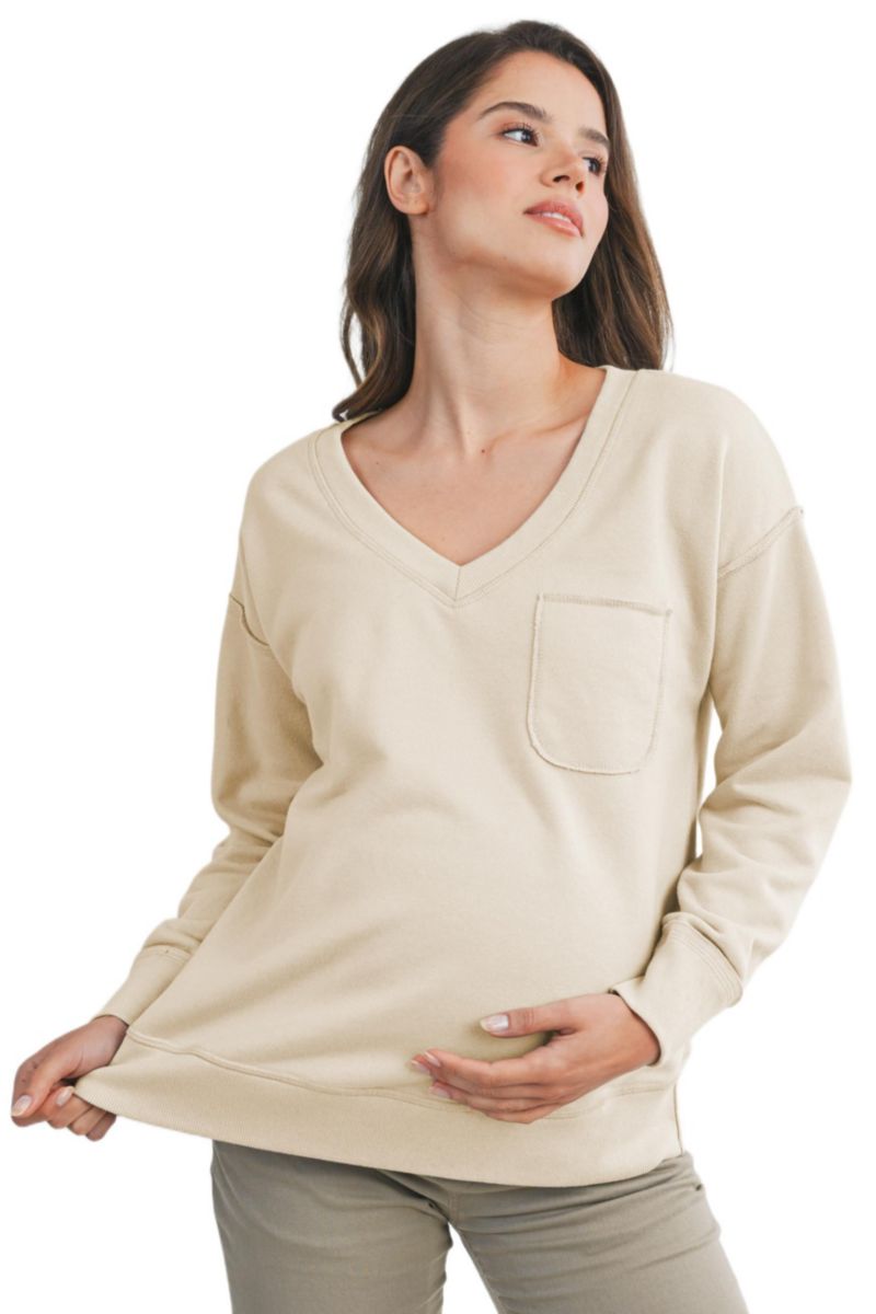 Maternity V Neck Long Sleeve Front Pocket Sweatshirt
