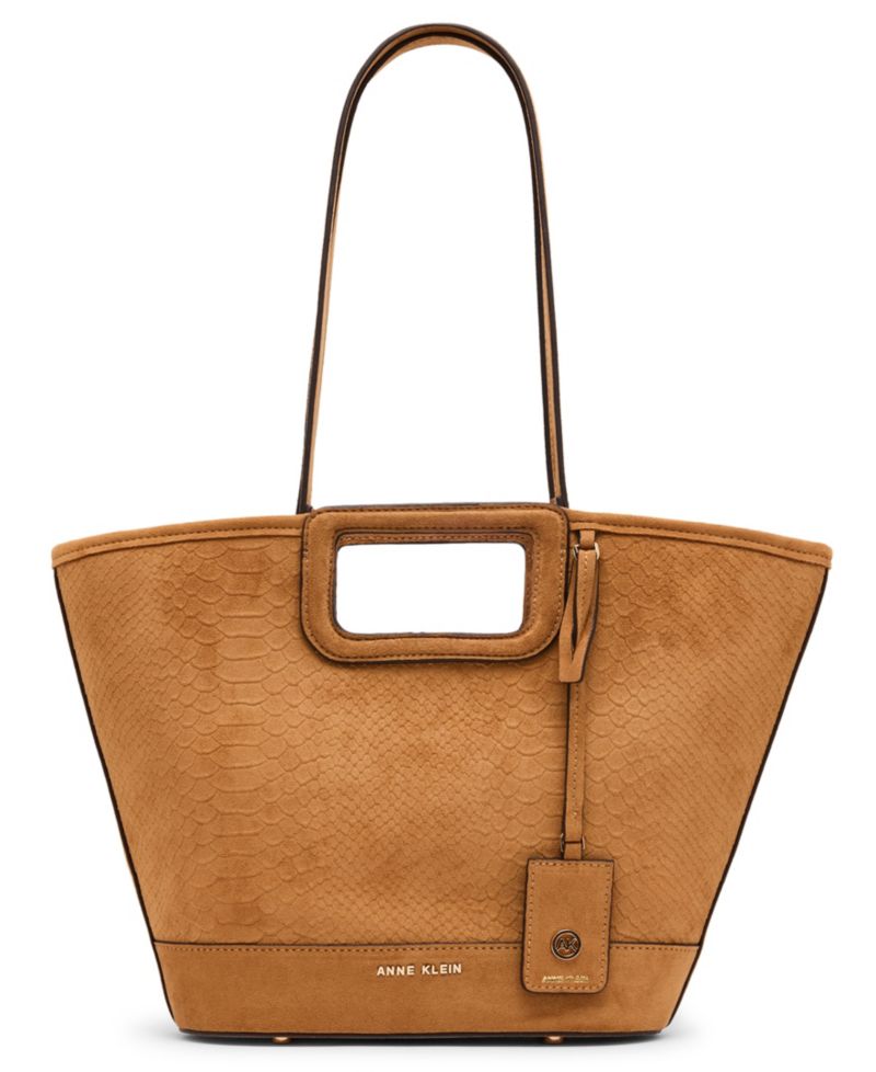 Textured Faux Suede Small Cut Out Handle Tote Handbag