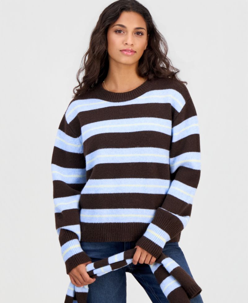 Juniors' Oversized Stripe Long-Sleeve Crewneck Pullover with Matching Scarf