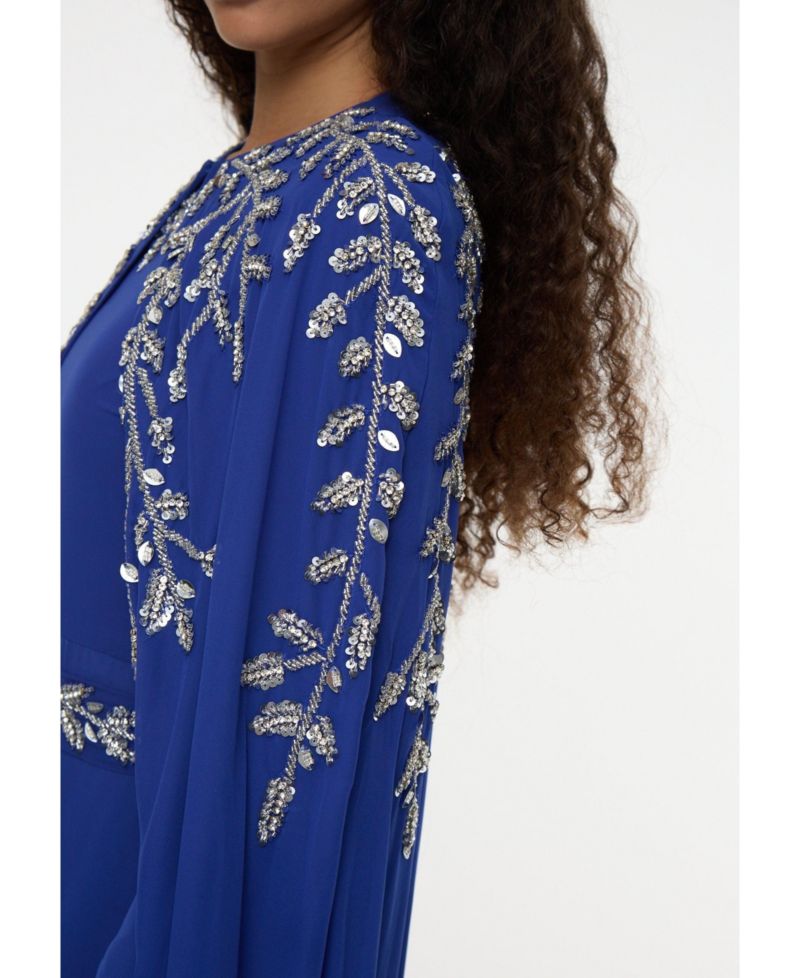 Women's Modest Embellished Sequin Beaded Cape Dress Maxi