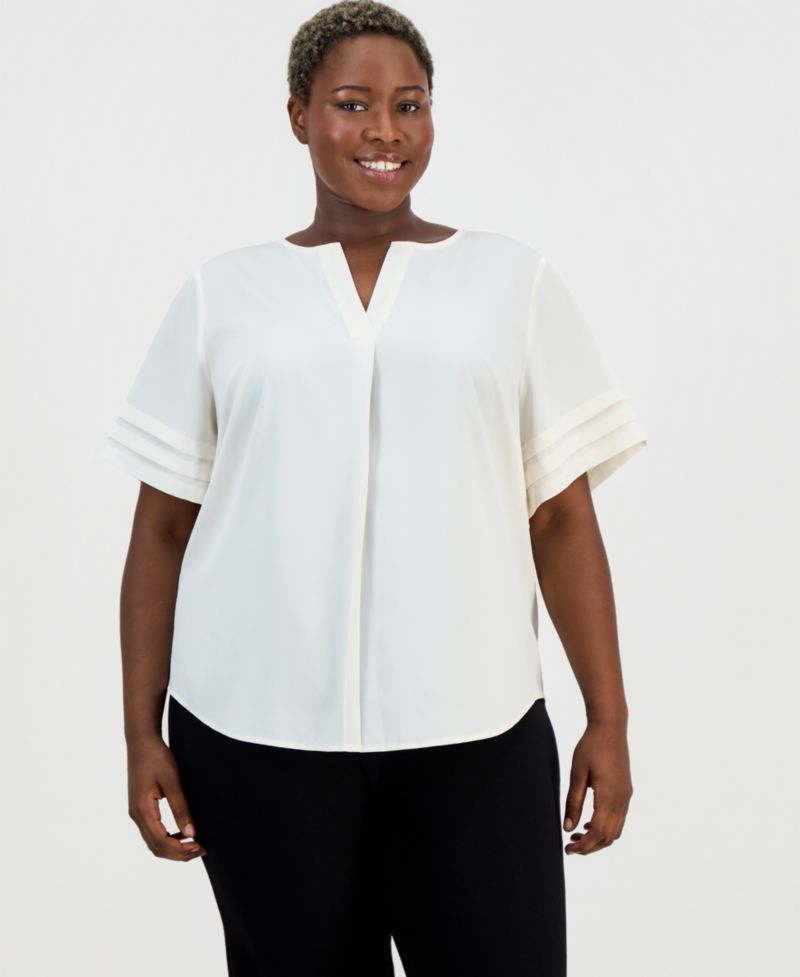 Petite Pleated-Sleeve Split-Neck Top