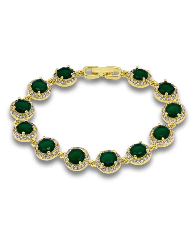 Emerald Green Glass Cubic Zirconia Halo Link Bracelet