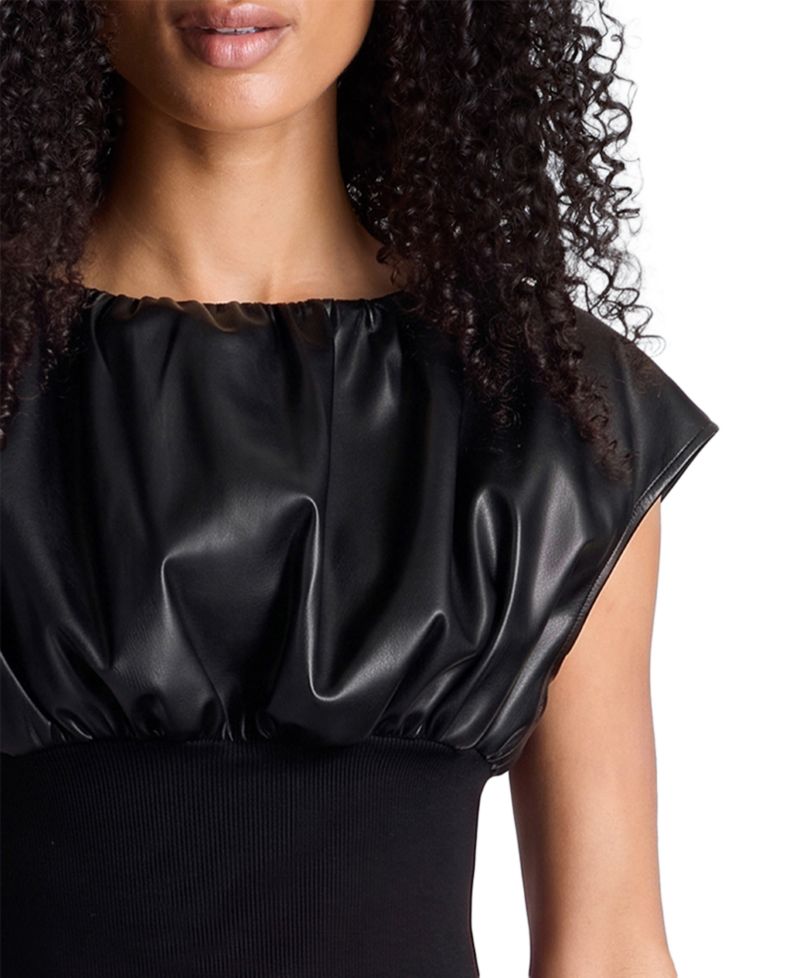 Women's Fit & Flare Ribbed-Waist Faux Leather Mini Dress