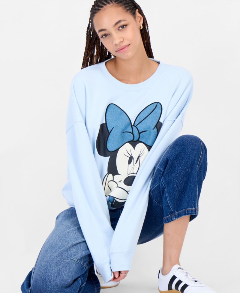 Juniors' Minnie Bow Applique Graphic Fleece Sweatshirt