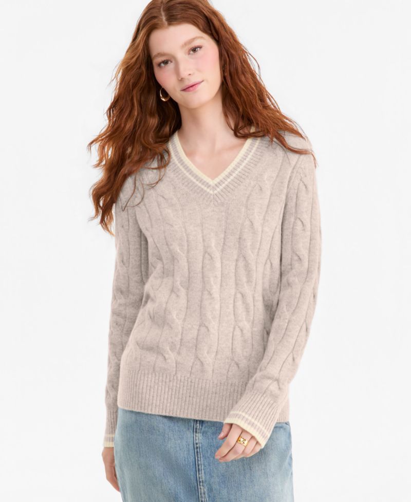 Women's 100% Cashmere Cable-Knit Tipped V-Neck Sweater