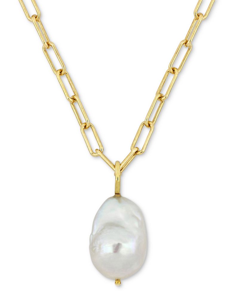 Cultured Freshwater Baroque Pearl (13-14mm) Solitaire 18" Pendant Necklace in 18k Gold-Plated Sterling Silver