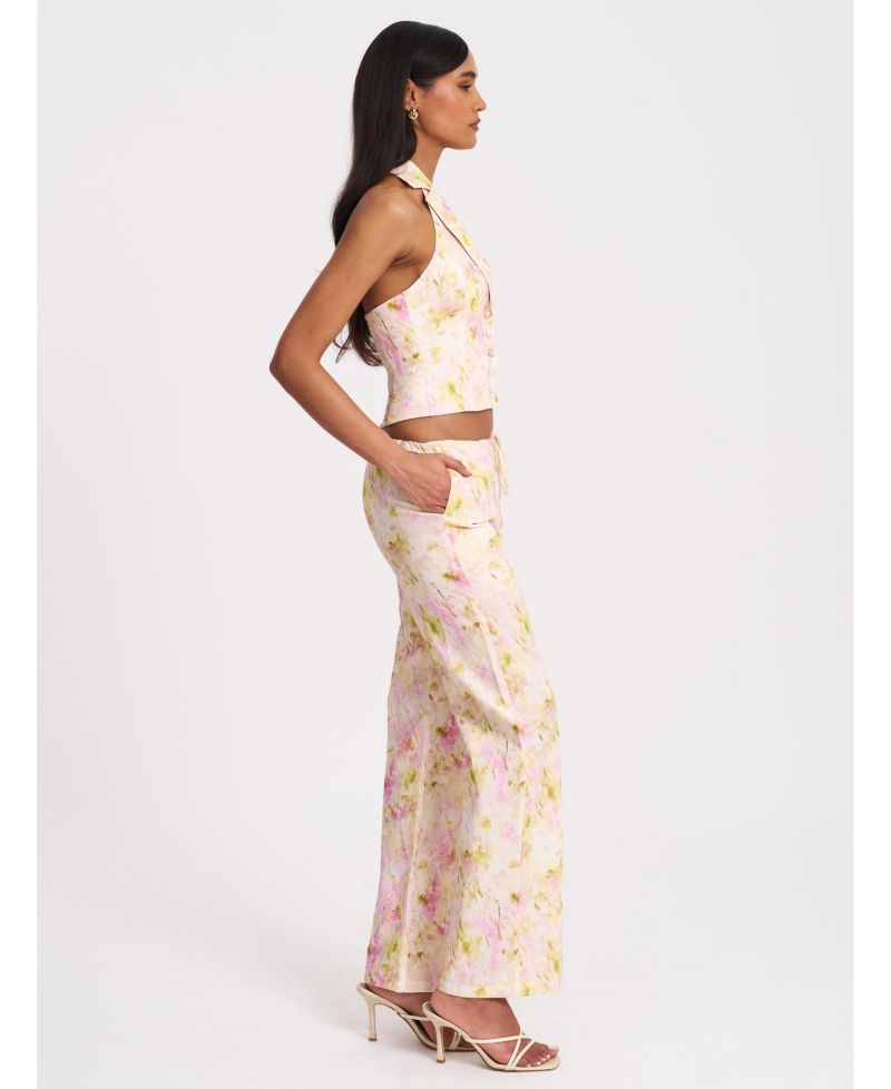 Women Lauren Pink Floral Print Ruched Back Linen Suit Vest