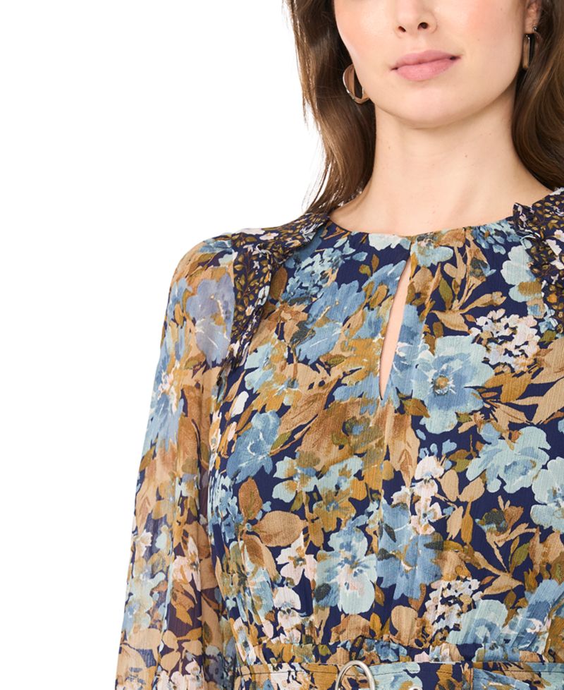 Women's Keyhole Belted Floral Maxi Dress