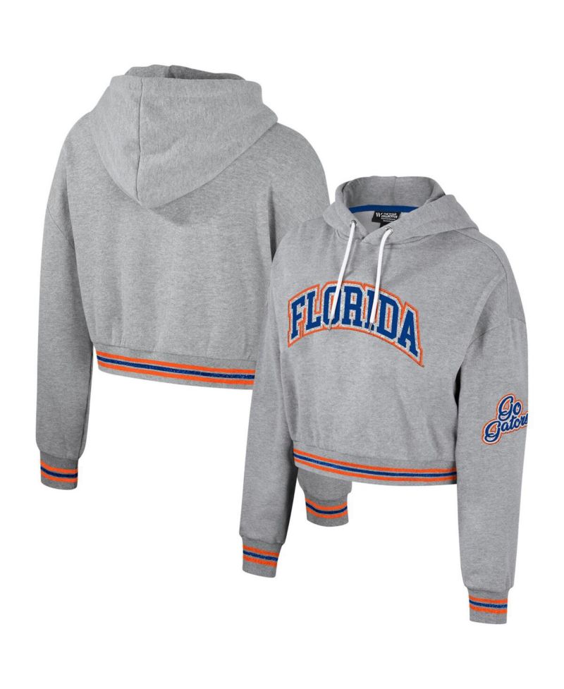 Women's Heather Gray Distressed Florida Gators Cropped Shimmer Pullover Hoodie