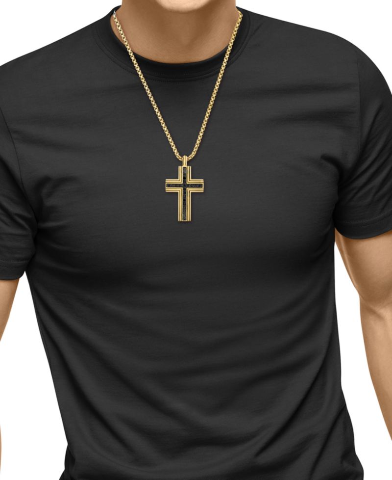 EFFY® Men's Black Spinel Square Cross 22" Pendant Necklace (3/4 ct. t.w.) in Gold-Plated Sterling Silver
