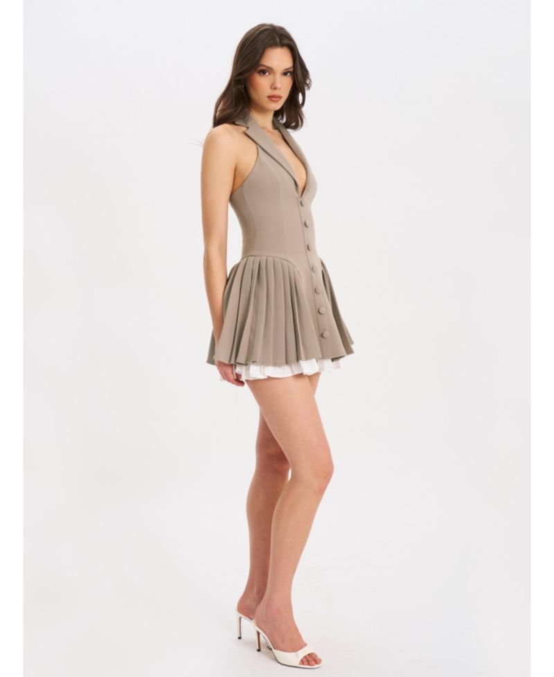 Women's Hazel Brown Preppy Halter Neck Pleated Mini Dress