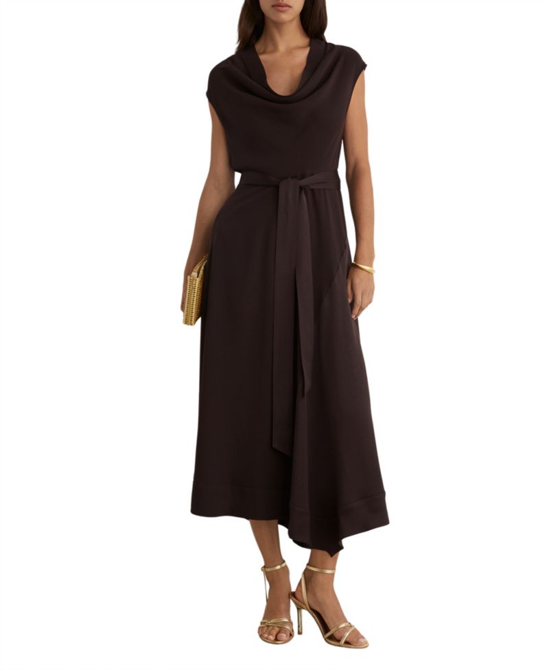 Women's Justine Cowl-Neck Tie-Waist Handkerchief-Hem Midi Dress