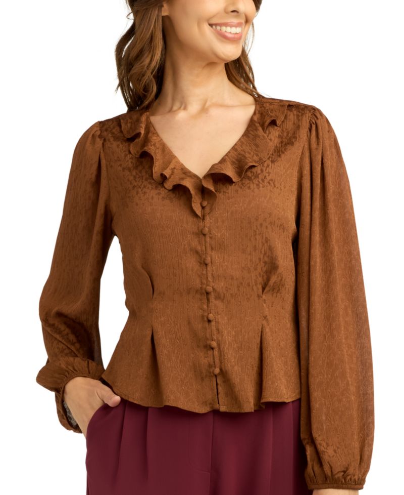 Juniors' Chiffon Jacquard V-Neck Button-Front Blouse