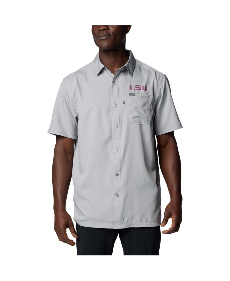 Men's Gray LSU Tigers PFG Slack Tide Omni-Shade Button-Up Camp Shirt