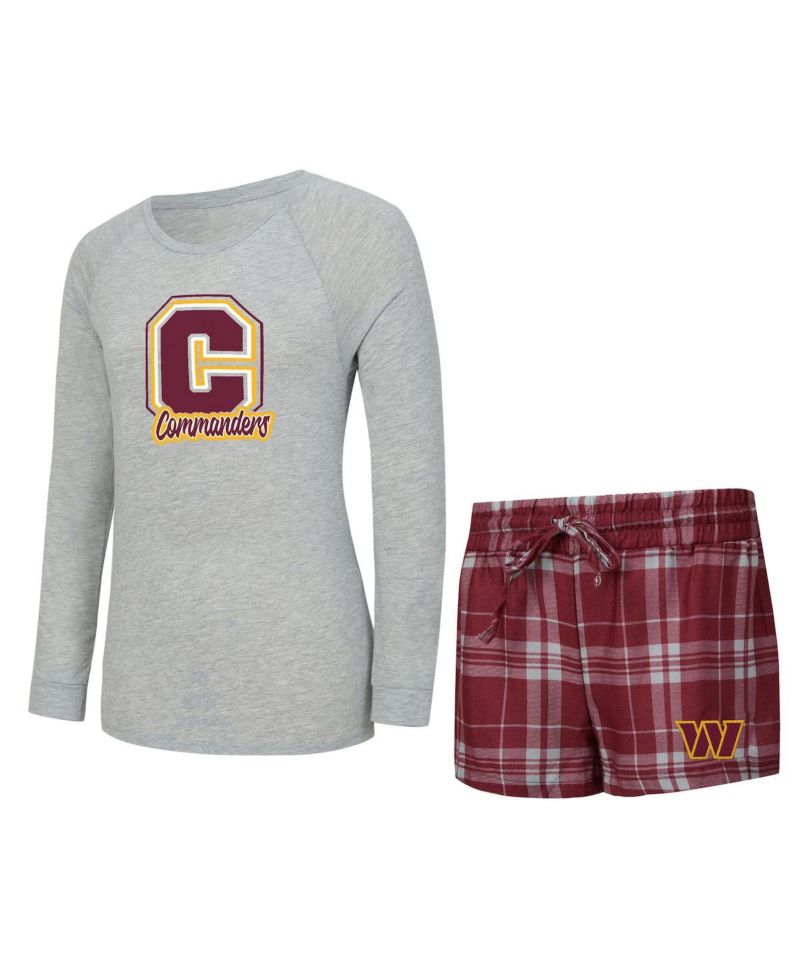 Women's Heather Gray/Burgundy Washington Commanders Regulate Plaid Long-Sleeve T-Shirt and Shorts Sleep Set