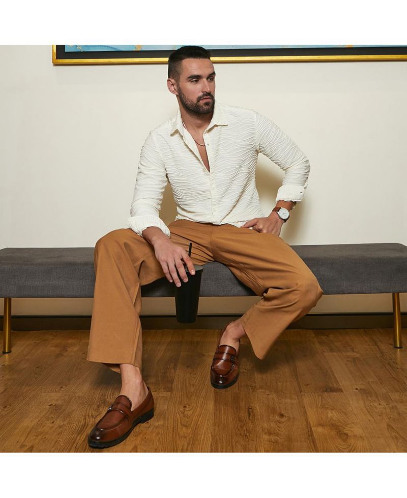 Men's Ivory White Self-Design Wave Shirt