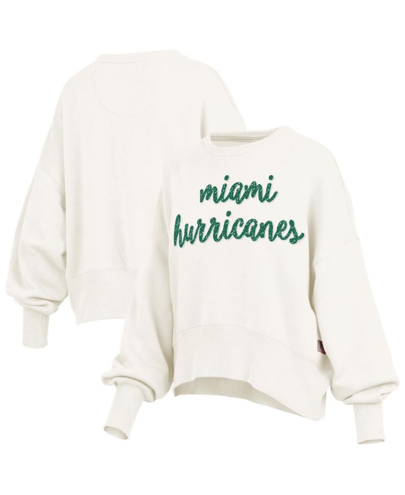 Women's Cream Miami Hurricanes Oversized Chelsea Waist Length Pullover Sweatshirt