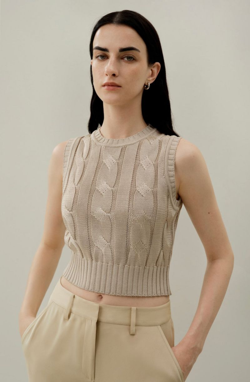 Women's Cable Knit Tussah Silk Cropped Top