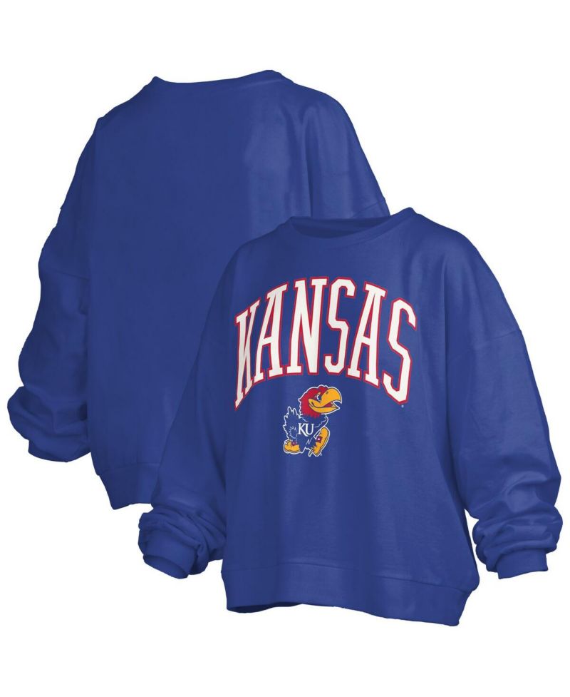Women's Royal Kansas Jayhawks Janise Arch Over Logo Waist Length Oversized Pullover Sweatshirt